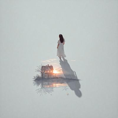 The primary subject of the image is a woman walking in a snowy landscape. She is wearing a white dress and appears to be the main focus of the scene. The setting is a snowy field with a house in the background, creating a serene and peaceful atmosphere. The visual style of the image is a combination of photo and digital art, giving it a unique and artistic appearance. The colors in the image are predominantly white and gray, reflecting the snowy environment and the woman's white dress.
